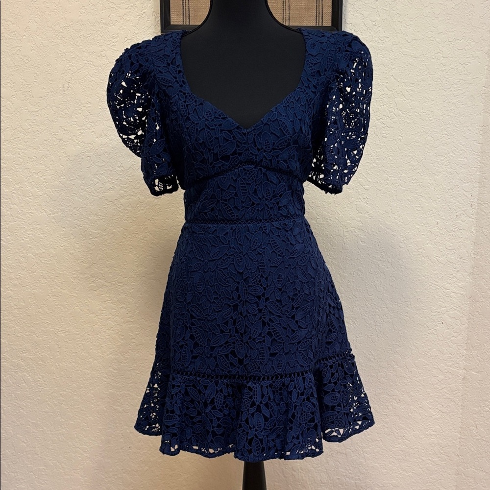 Aqua Navy Lace Puff Sleeve Mini Dress